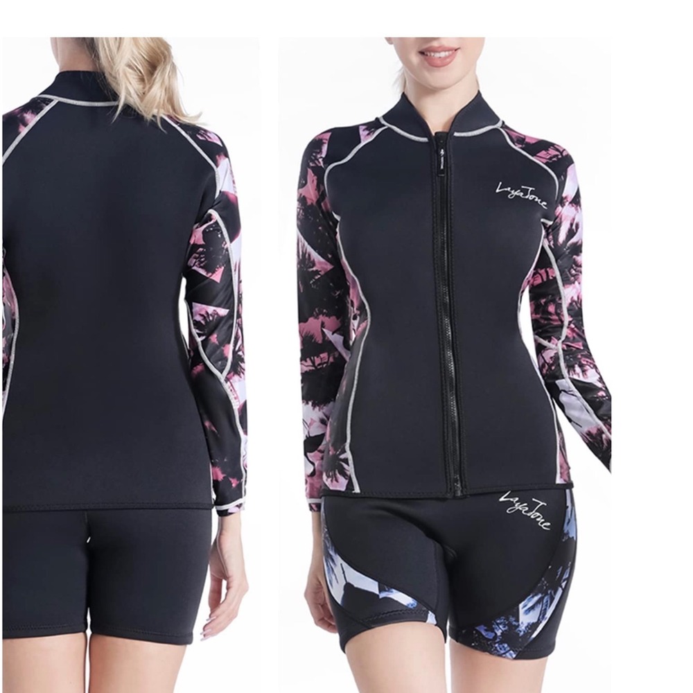 LayaTone Wetsuit Top Womens Large Black Pink Excellent 3mm Neoprene Zip Jacket